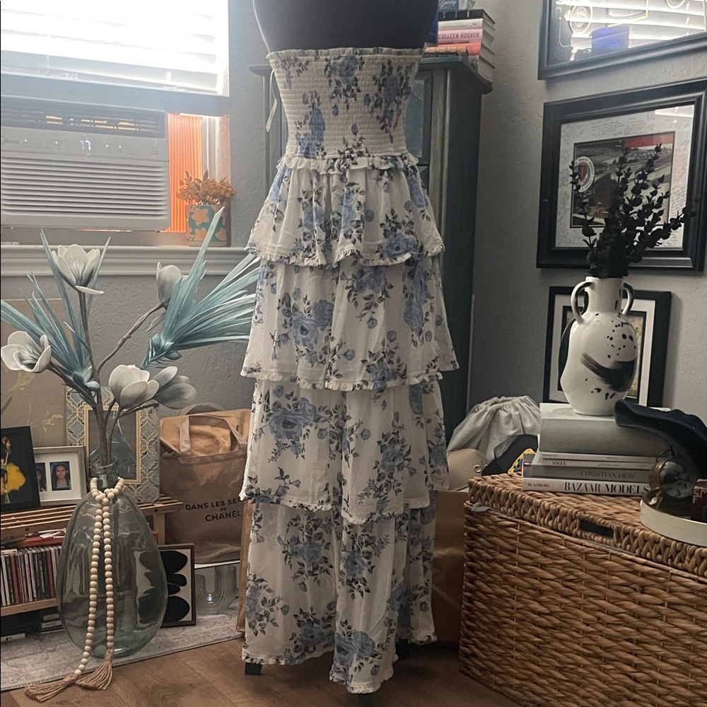 Altar'd State White Strapless Tiered Floral Maxi Dress with Blue Blooms - Picture 5 of 7